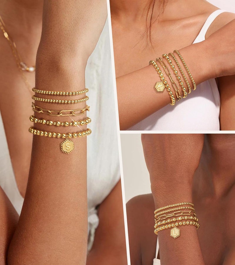 adoyi Gold Bracelets for Women Waterproof, 14K Gold Plated Beaded Strand Bead Ball Bracelets stack Adjustable Jewelry Set for Gifts - Image 4